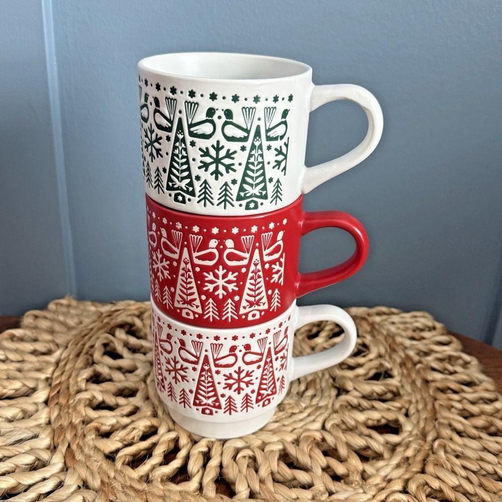 Merry & Bright Stoneware Mugs Set‎ of 3 Nordic Stackable Scandinavian Folk Art